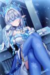  1girl :| anastasya_feodorovna_snezhnaya artist_name blue_eyes blue_gem blue_thighhighs breasts closed_mouth commentary_request crossed_legs dress earrings elbow_gloves english_commentary gem genshin_impact gloves grey_hair hair_between_eyes hair_intakes hand_up highres jewelry kokoshnik large_breasts long_hair looking_at_viewer mixed-language_commentary pointy_ears signature sitting snowflakes solo strapless strapless_dress thighhighs white_gloves yellow_gem zero130rider 
