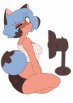 2026 anthro black_clothing black_panties black_underwear blue_hair bodily_fluids brand_new_animal breasts brown_body butt canid canine clothed clothing cooling_off digital_drawing_(artwork) digital_media_(artwork) dipstick_tail electric_fan facial_markings female hair head_markings heat_(temperature) hi_res looking_back mammal markings mask_(marking) michiru_kagemori oddity27 one_eye_closed open_mouth panties pantsless raccoon_dog rear_view shirt simple_background sitting small_breasts solo studio_trigger sweat sweatdrop sweaty_clothing sweaty_shirt sweaty_topwear tail tail_markings tanuki topwear underwear wet wet_clothing wet_shirt wet_topwear white_background