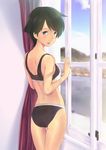  ass black_bra black_hair black_panties blue_eyes bra curtains from_behind highres kantai_collection looking_at_viewer mogami_(kantai_collection) open_mouth panties short_hair solo standing thigh_gap underwear underwear_only wa_(genryusui) window 