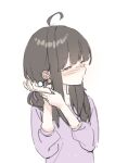  1boy 1girl ahoge black_hair blush commentary_request ear_cleaning giant giantess hair_ribbon half-closed_eyes heart heart-shaped_pupils hetero holding holding_mini_person in_palm korean_commentary long_sleeves low_twintails mimikaki mini_person miniboy original parted_lips purple_ribbon purple_shirt ribbon shirt simple_background size_difference sleepwear symbol-shaped_pupils twintails upper_body white_background yukarakaka 