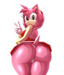 1lastshadow1 absurd_res accessory amy_rose anthro big_butt black_nose bracelet butt clothed clothing dress eulipotyphlan female fur gesture gloves green_eyes hair hair_accessory hairband hand_gesture handwear hedgehog hi_res jewelry looking_at_viewer looking_back looking_back_at_viewer mammal mouthless panties pink_body pink_fur pink_hair polygonal_body rear_view red_clothing red_dress sega short_hair simple_background solo sonic_the_hedgehog_(series) tan_body tan_fur thick_thighs underwear upskirt v_sign white_background white_clothing white_gloves white_handwear white_panties white_underwear wide_hips