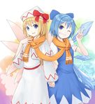  agarwood blonde_hair blue_eyes blue_hair cirno dress grin hat holding_hands lily_white long_hair looking_at_viewer multiple_girls one_eye_closed orange_scarf scarf shared_scarf short_hair smile touhou v wings 