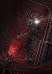  1boy absurdres ammunition_pouch armor blood boots bulletproof_vest dark_skin decapitation demon demon_horns flashlight frown gloves greaves gun gun_sling hallway handgun highres holding holding_flashlight holding_gun holding_weapon horns male_focus nictanova pouch quasimorph red_background red_light vambraces weapon 