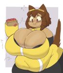 2026 anthro armor armwear belly big_belly bob_cut breast_expansion breast_focus breasts brown_body brown_hair cleavage clothed clothing digital_media_(artwork) domestic_cat eating eating_food erect_tail expansion eyewear eyewear_on_head felid feline felis female food food_in_mouth gameoverse gauntlets glitch_productions gloves goggles goggles_on_head grey_background hair handwear hi_res holding_food holding_hot_dog holding_object hot_dog inazuma_kat kit_bodega leggings legwear looking_at_breasts looking_at_own_breasts looking_at_self mammal mustard navel_outline overweight overweight_anthro overweight_female shocked short_hair simple_background solo tail topwear wardrobe_malfunction weight_gain wide_hips