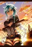  aqua_hair chain-link_fence fence fingerless_gloves gloves green_eyes hitotose_(spiralray) kirito kirito_(sao-ggo) scarf short_hair short_shorts shorts sinon sunset sword_art_online 