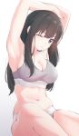  1girl absurdres armpits arms_up black_hair breasts cleavage commentary grey_pants grey_sports_bra highres inoue_takina knee_up large_breasts lmtxxn long_hair lycoris_recoil navel one_eye_closed panties pants parted_lips purple_eyes sideboob simple_background sitting solo sports_bra sports_panties stomach straight_hair underwear underwear_only white_background 