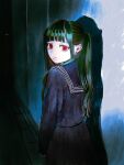  1girl aegyo_sal black_serafuku blunt_bangs byakugun camera_flash dark expressionless from_behind green_hair hair_over_shoulder highres long_hair looking_at_viewer looking_back original pale_skin red_eyes school_uniform serafuku skirt solo standing twintails 