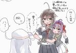  3girls ahoge anger_vein black_gloves black_hair black_serafuku black_shirt black_skirt blue_eyes braid commentary_request corset cowboy_shot flat_cap gloves grey_shirt hair_flaps hair_over_shoulder hat hibiki_(kancolle) hug kantai_collection kiri_(kancolle) long_hair mia_umauma multiple_girls neckerchief pleated_skirt purple_eyes purple_hair red_neckerchief sailor_collar sailor_shirt school_uniform serafuku shigure_(kancolle) shigure_kai_ni_(kancolle) shirt short_hair simple_background single_braid skirt verniy_(kancolle) white_background white_hat white_skirt 
