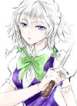  blouse blue_dress blue_eyes dress fingernails holding holding_knife izayoi_sakuya knife looking_at_viewer maid maid_headdress nail_polish neck_ribbon parted_lips puffy_short_sleeves puffy_sleeves ribbon rosette_(roze-ko) short_hair short_sleeves silver_hair sketch solo touhou white_blouse 