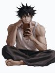  1boy barefoot black_hair black_nails closed_mouth coochiesamurai earrings english_commentary feet full_body fushiguro_megumi holding holding_phone indian_style jewelry jujutsu_kaisen male_focus pants phone short_hair sitting solo spiked_hair stud_earrings tank_top toenails toes toned toned_male white_background white_tank_top 