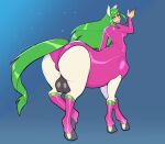 2026 black_teats blonde_hair breasts butt centaur clothing equid equid_taur european_mythology female gesture gradient_background greek_mythology hair hand_gesture hi_res humanoid_taur legwear leotard looking_at_viewer looking_back looking_back_at_viewer mammal mammal_taur metroid mythology nintendo nipples pink_clothing pink_legwear pink_leotard rear_view samus_aran simple_background smile smiling_at_viewer smuglady solo taur taurified teats tight_clothing white_body