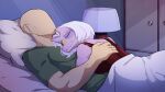 16:9 2026 5_fingers anon_(snoot_game) anthro bald bed bedroom breasts cavemanon_studios ceratosaurid ceratosaurus clothing cuddling detailed_background digital_drawing_(artwork) digital_media_(artwork) dinosaur dress duo elderly elderly_anthro elderly_female eyelashes eyes_closed female female_on_human fingers furniture game_cg goodbye_volcano_high green_clothing green_shirt green_t-shirt green_topwear grey_hair hair hi_res human human_on_anthro inside interspecies jazzelart ko_op_(game_developer) light-skinned_human light-skinned_male light_body light_skin male male/female male_on_anthro mammal mature_anthro mature_female medium_hair mrs._roberts_(gvh) on_bed prehistoric_species purple_body purple_scales red_clothing red_dress reptile saurischian scales scalie shirt snoot_game stubble t-shirt theropod topwear under_covers widescreen