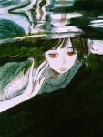  1girl afloat byakugun expressionless floating_hair green_hair green_theme hand_up highres lips long_hair looking_down original red_eyes reflection reflective_liquid solo underwear 