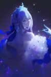  1girl absurdres anastasya_feodorovna_snezhnaya blue_eyes blue_gloves blue_headdress blue_tiara commentary crystal_earrings earrings from_behind fur-trimmed_robe fur_trim genshin_impact gloves grey_hair highres jewelry long_sidelocks looking_back merkuarts robe royal_robe sidelocks snowflake_earrings snowflake_pupils solo upper_body 