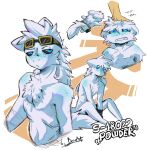 anthro bangs belt belt_pouch black_sclera blep blue_eyes blue_freckles canid casualties:_unknown chest_tuft chibi clothing deianart eyewear eyewear_on_head fin freckled_face freckles fur gloves goggles goggles_on_head gunsaw gunsawian hair handwear headpat hi_res lying male mammal milky_(gunsawian) on_front petting powder_(deianart) simple_background sitting skinny solo spiky_hair tail tongue tongue_out tuft white_body white_fur white_fur_tuft white_tail