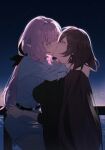  2girls arms_around_neck black_dress blue_skirt breasts brown_hair closed_eyes commentary couple dress earrings eden_(honkai_impact) elf elysia_(honkai_impact) english_commentary highres honkai_(series) honkai_impact_3rd jewelry kiss large_breasts long_hair multiple_girls night pink_hair pointy_ears shinchora shirt skirt sky star_(sky) starry_sky symbol-shaped_pupils very_long_hair white_shirt yuri 