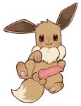 animal_genitalia animal_penis balls bodily_fluids brown_body brown_fur canine_genitalia canine_penis chest_tuft chompubite eevee feral fluffy fluffy_tail fur generation_1_pokemon genital_fluids genitals head_tuft knot knotted_penis long_ears looking_at_viewer lying male narrowed_eyes nintendo on_back open_mouth penis pokemon pokemon_(species) precum precum_on_penis presenting simple_background solo spread_legs spreading tail tuft white_background