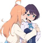  2girls ahoge amano_lier azabu_mai blue_cross_tie blue_dress blue_eyes blush bob_cut center_frills closed_eyes collared_shirt commentary cross_tie dress frills hand_on_another's_shoulder highres ikizulive!_love_live!_bluebird kiss kissing_cheek long_hair love_live! multiple_girls nose_blush orange_hair profile purple_hair sailor_collar sailor_shirt shirt short_hair simple_background strapless strapless_dress takahashi_polka twitter_username upper_body white_background white_sailor_collar white_shirt yuri 