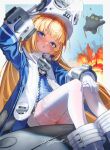  1girl absurdres arm_up bangboo_(zenless_zone_zero) blonde_hair blue_jacket blush commentary explosion explosion_background feet_out_of_frame gloves hat highres jacket large_hat looking_at_viewer norma_hollowell purple_eyes raysmith_art shako_cap sitting solo_focus thighhighs white_gloves white_thighhighs zenless_zone_zero 