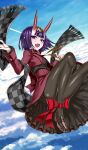  1girl blush breasts brown_pantyhose commentary_request dress eyeliner fate/grand_order fate_(series) game_asset headpiece honjou_raita horns long_sleeves looking_at_viewer makeup official_art oni open_mouth pantyhose partial_commentary petite pointy_ears purple_eyes purple_hair red_dress scarf short_hair shuten_douji_(academy_outfit)_(fate) shuten_douji_(fate) skin-covered_horns small_breasts smile solo third-party_source 