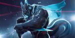 2026 abs anthro artist_logo biceps biomechanical black_body black_cape black_clothing blue_eyes cal_(takahirosi) cape clothing deltoids elbow_fin fist forearm_muscles headlamp hi_res lamp laser_pointer logo male muscular muscular_anthro muscular_male navel night raining solo surrounded tail takahirosi