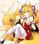  ahoge animal_ears blonde_hair blush breasts detached_sleeves fox_ears fox_tail hakama_skirt hip_vent honey-cat izuna_(shinrabanshou) japanese_clothes long_hair medium_breasts multiple_tails red_eyes ribbon-trimmed_legwear ribbon_trim shinrabanshou smile solo tail thighhighs white_legwear 