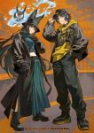  1boy 1girl adjusting_clothes adjusting_headwear animal_ear_fluff animal_ears aqua_skirt asaba_harumasa baseball_cap black_boots black_gloves black_hair black_hat black_jacket black_pants black_skirt boots braid bucket_hat colored_shoe_soles commentary_request ear_piercing ears_through_headwear fox_ears fox_girl gloves half_up_braid hand_in_pocket hat headband highres hood hoodie hoshimi_miyabi jacket kyuuba_melo long_hair long_sleeves navel official_art pants piercing pleated_skirt puffy_long_sleeves puffy_sleeves red_eyes ribbed_sweater second-party_source side_slit skirt sweater tailless_(zenless_zone_zero) two-tone_skirt very_long_hair yellow_eyes yellow_headband yellow_hoodie zenless_zone_zero zozotown 