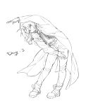  1boy absurdres belt boots commentary edward_elric full_body fullmetal_alchemist gloves greyscale highres hood hood_down hooded_coat jacket long_hair looking_at_viewer male_focus monochrome pants simple_background solo standing stretching white_background xue_ezi 