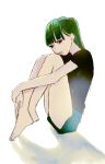  1girl blunt_bangs byakugun crossed_legs expressionless green_hair highres hugging_own_legs knees_up long_hair miniskirt one_side_up original red_eyes shirt sitting sketch skirt solo tiptoes 