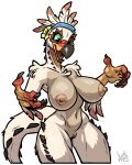 5_fingers accessory anthro areola arm_feathers arm_tuft atryl beak big_breasts bird_wyvern black_claws black_eyes black_finger_claws breasts capcom chest_tuft claws dialogue english_text feather_hair feathers female finger_claws fingers flower_accessory fur genitals green_sclera headband kara_(lunar_nobis) kulu-ya-ku looking_at_breasts looking_at_own_breasts looking_at_self monster_hunter nipples non-mammal_breasts open_beak open_mouth pink_areola pink_nipples pseudo_hair raised_arms scales scuted_arms scutes shoulder_tuft signature small_waist solo spiked_tail spikes spikes_(anatomy) standing tail text thick_thighs tongue tuft ventral_scales vulva white_body white_fur wide_hips