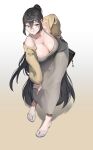  1girl absurdres black_hair blush breasts cleavage dongtan_dress dress feet glasses goofy_(goldgoofy357) green_eyes grey_dress hair_between_eyes hair_ornament highres hilde_(trickcal) huge_breasts long_hair looking_at_viewer mole mole_on_breast pencil_dress pointy_ears ponytail round_eyewear scoop_neck smile solo taut_clothes taut_dress thighs tight_clothes tight_dress toenails toes trickcal very_long_hair 
