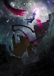  arm_up claws commentary_request copyright_name dark debris dust energy fighting from_below full_body furry mewtwo midair mimikyu official_artist_extra otsumami_(bu-bu-heaven) poke_ball_symbol pokemon pokemon:_wild_card pokemon_(creature) revision twitter_username 