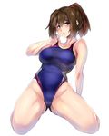  blush breasts brown_eyes brown_hair competition_swimsuit covered_nipples hair_ribbon highleg highleg_swimsuit ise_(kantai_collection) kantai_collection kneeling large_breasts one-piece_swimsuit open_mouth partially_submerged ponytail ribbon short_hair simple_background solo swimsuit ulrich_(tagaragakuin) water 