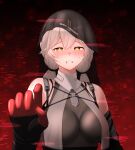  1girl absurdres bare_shoulders black_groza_(girls'_frontline_2) black_veil blush breasts brown_hair clenched_teeth commentary crying crying_with_eyes_open english_commentary girls'_frontline girls'_frontline_2:_exilium gloves half-closed_eyes hand_up highres medium_breasts open_mouth ots-14_(girls'_frontline) red_gloves sad solo tears teeth twintails undercoder upper_body veil yellow_eyes 