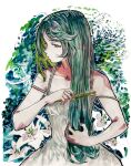  1girl 2026 absurdres artist_name bare_shoulders brushing_hair check_commentary closed_mouth collarbone comb commentary_request dress eudetenis flower green_background green_eyes green_hair green_theme hair_over_shoulder highres holding holding_comb holding_own_hair long_hair nose original solo spaghetti_strap traditional_media upper_body very_long_hair white_background white_dress white_lily 