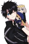  1boy artoria_caster_(fate) artoria_caster_(second_ascension)_(fate) artoria_pendragon_(fate) black_hair blue_eyes chaldea_logo character_doll closed_mouth clothing_cutout commentary doll fate/grand_order fate_(series) fujimaru_ritsuka_(male) fujimaru_ritsuka_(male)_(polar_chaldea_uniform) glove_cutout high_collar highres holding holding_doll male_focus oberon_(fate) one_eye_closed short_hair short_sleeves smile yakudo_trio yasa_sio 