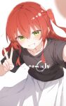 1girl :d black_shirt bocchi_the_rock! green_eyes grin hair_between_eyes highres kita_ikuyo long_hair one_side_up print_shirt reaching reaching_towards_viewer red_hair ryuga_(balius) shirt sidelocks simple_background skirt smile solo sweat t-shirt very_long_hair white_background white_skirt 