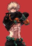  1boy abs bakugou_katsuki belt belt_buckle biceps black_pants blonde_hair boku_no_hero_academia buckle chiyaya cowboy_shot crossed_arms explosive from_side gloves green_gloves grenade hands_up highres lifting_own_clothes male_focus multicolored_gloves muscular muscular_male narrowed_eyes navel orange_eyes orange_gloves pants parted_lips sanpaku short_hair sideways_glance simple_background single_horizontal_stripe snap-fit_buckle solo spiked_hair sweat tsurime two-sided_gloves two-tone_gloves undressing v-shaped_eyebrows wrist_guards 