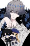  1boy blue_eyes bored character_doll claws closed_mouth commentary crown doll fate/grand_order fate_(series) fur_scarf grey_hair highres looking_at_object loose_clothes loose_shirt male_focus oberon_(fate) oberon_(third_ascension)_(fate) poet_shirt shirt short_hair upper_body yakudo_trio yasa_sio 