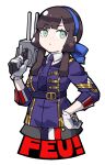  1girl blue_hairband blue_ribbon boushi-ya brown_hair closed_mouth commentary_request freckles french_flag french_text gloves hairband hand_on_own_hip holding jacket kantai_collection looking_at_viewer mogador_(kancolle) mogador_kai_(kancolle) necktie pale_skin purple_jacket purple_necktie ribbon simple_background solo sticker_(medium) translated white_background white_gloves 