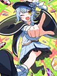  1girl :d ;d astral_party asymmetrical_legwear bag black_bag black_bow black_bowtie black_capelet black_hat black_pantyhose black_shoes blue_hair blue_necktie blue_skirt bow bowtie braid braided_hair_rings capelet commentary_request crossbody_bag deerstalker dice footwear_bow frilled_skirt frilled_socks frills full_body furrowed_brow green_background grey_vest hair_bow hair_rings hand_on_headwear hat hat_bow highres kurage_light layered_skirt long_sleeves mahou_shoujo_no_majo_saiban necktie one_eye_closed open_mouth pantyhose plaid_clothes plaid_skirt poker_chip shirt shoes short_hair single_leg_pantyhose skirt smile socks solo tachibana_sherry vest white_bow white_shirt white_socks yellow_eyes 