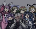  1boy 6+girls alice's_adventures_in_wonderland alice_(alice_in_wonderland) alice_(black_souls) alice_(nikke) alice_(trickcal) alice_margatroid alyce_(dohna_dohna) animal_ear_headphones animal_ears aqua_halo aris_(blue_archive) armor arms_up black_gloves black_hair black_hairband black_souls blonde_hair blood blue_archive blue_bow blue_dress blue_eyes blue_necktie blush bodysuit bow bow_hairband bowtie braid breasts chibi chibi_only closed_eyes closed_mouth commentary despair dohna_dohna_issho_ni_warui_koto_o_shiyou double-parted_bangs dress fake_animal_ears frilled_hairband frills full_armor gloves goddess_of_victory:_nikke grimm_(black_souls) hair_between_eyes hair_bow hair_ornament hairband halo hands_up headphones headset helmet heterochromia highres holding_another's_arm impossible_bodysuit impossible_clothes jacket knight latex latex_bodysuit lolita_hairband long_hair long_hair_between_eyes looking_at_another lunlun_tien medium_breasts meme multicolored_gloves multiple_girls name_connection necktie one_side_up open_mouth parody pink_bodysuit pink_eyes pink_gloves pink_hair pocket_watch purple_bow purple_bowtie purple_eyes purple_hair rabbit_ears rabbit_pose rectangular_halo red_hairband short_hair shrug_(clothing) side_braids skin_tight skull_hair_ornament smile sushi_yuusha_toro_(style) touhou trickcal twintails two-tone_gloves watch where_is_alice_(meme) 
