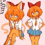  1girl :< animal_ears blue_eyes blue_skirt bow cat cat_ears cat_girl cat_tail colored_skin crossed_legs dutch_text furrification furry furry_female hair_bow highres multiple_views mymy_schoppenboer necktie non-web_source ongezellig orange_hair orange_necktie orange_skin person_and_furrification red_bow school_uniform short_hair sitting skirt tail 