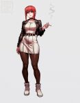  1girl absurdres belt black_belt black_jacket black_pantyhose boots braid braided_ponytail breasts chainsaw_man cigarette cosplay cropped_jacket dress full_body highres holding holding_cigarette jacket leather leather_jacket makima_(chainsaw_man) orange_eyes pantyhose red_hair redteneri ringed_eyes simple_background solo super_no_ura_de_yani_suu_futari tayama_(super_no_ura_de_yani_suu_futari) tayama_(super_no_ura_de_yani_suu_futari)_(cosplay) white_background white_boots white_dress 