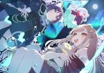  3girls absurdres animal_ears aurora blue_kimono blue_nails blush brown_eyes brown_hair cho_kaguya-hime! closed_eyes closed_mouth commentary crescent crescent_hair_ornament double_bun fang flat_chest forehead_jewel fox_ears fox_girl fushi_(cho_kaguya-hime!) green_eyes hair_bun hair_ornament hand_on_own_hip highres inudoge japanese_clothes kaguya_(cho_kaguya-hime!) kaguya_(tsukuyomi)_(cho_kaguya-hime!) kimono long_hair multiple_girls nail_polish night open_mouth purple_kimono rabbit_ears rabbit_girl red_kimono runami_yachiyo runami_yachiyo_(mini) runami_yachiyo_(tsukuyomi) sakayori_iroha sakayori_iroha_(tsukuyomi) sidelocks skin_fang smile untranslatable_commentary white_hair ylong 
