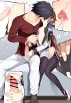  1boy 1girl bar_censor black_hair breasts brown_hair censored commentary eiyuu_densetsu erection fingering fingering_through_clothes fingering_through_panties hakuleg handjob hetero highres kiss low_ponytail nipple_stimulation nipple_tweak nipples penis ponytail rean_schwarzer red_shirt sen_no_kiseki_(series) sen_no_kiseki_iii shirt sitting small_breasts thighhighs thors_military_academy_class_vii_uniform through_clothes tongue towa_herschel 