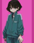  1girl :| arms_at_sides bags_under_eyes black_eyes black_hair closed_mouth collared_jacket commentary cowboy_shot crew_neck dagger english_commentary expressionless eyelashes green_jacket green_pants green_track_suit highres holding holding_dagger holding_knife holding_weapon jacket jun_(navigavi) kang_sae-byeok knife long_sleeves looking_at_viewer pants partially_shaded_face partially_unzipped pillarboxed pink_background shirt short_hair simple_background solo squid_game track_suit weapon 