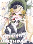  2girls black_bow black_bowtie black_capelet black_flower black_rose blonde_hair bonnet border bow bow_flower bowtie capelet chinstrap commentary_request dot_nose dress feeding flower fork frilled_capelet frilled_dress frilled_sleeves frills furrowed_brow green_bonnet green_eyes hair_flower hair_ornament happy_birthday highres holding holding_fork kotokoto_(555555351o) lolita_fashion long_hair long_sleeves mahou_shoujo_no_majo_saiban multiple_girls open_mouth outline rose simple_background solo_focus tachibana_sherry teeth tono_hanna tulip twintails upper_body white_border white_flower white_outline white_rose white_tulip wide_sleeves winged_hat yellow_background yellow_flower yellow_rose 