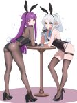  2girls absurdres animal_ears ass black_hairband black_leotard black_thighhighs blue_necktie bow bowtie commentary detached_collar earrings elf fake_animal_ears fake_tail fern_(sousou_no_frieren) frieren green_eyes hairband heart high_heels highleg highleg_leotard highres jewelry leaning_on_table leotard long_hair looking_at_viewer multiple_girls necktie pantyhose parted_bangs playboy_bunny pointy_ears purple_eyes purple_hair rabbit_ears rabbit_tail shusuchii simple_background skindentation sousou_no_frieren strapless strapless_leotard tail thigh_strap thighhighs twintails untranslatable_commentary white_background white_hair white_wrist_cuffs wrist_cuffs 