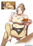 barefoot breasts chiikawa cleavage commentary_request fukujinzuke grey_hair grin hair_bun holding holding_plate holding_spoon humanization katsu_curry large_breasts looking_at_viewer plate plump reference_inset shimajirou_(chiikawa) simple_background smile spoon table torinokawori watermark white_background yellow_eyes 